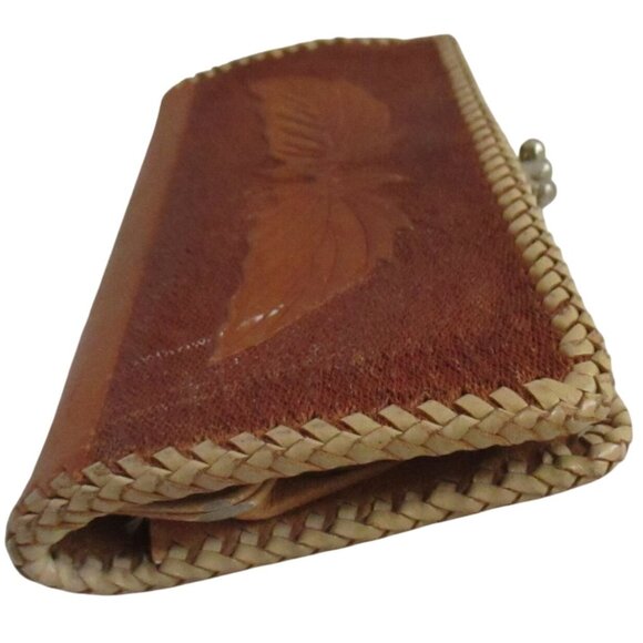 Vintage Clutch Wallet 1970's Women's 7" Handmade Leather Tooled Leaved Hippie - Picture 2 of 10